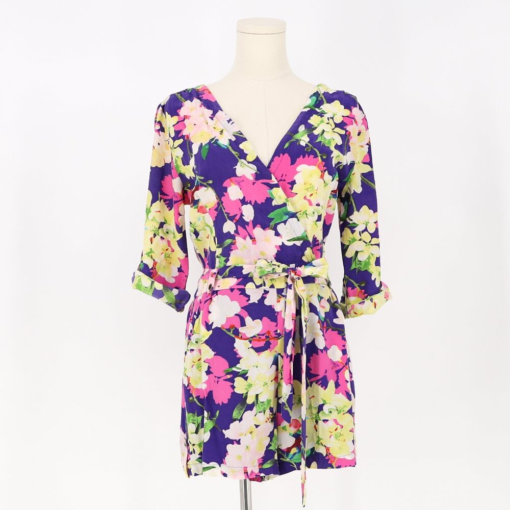 YUMI KIM Silk Liz Belted Romper Floral V-Neck Purple Pink Multi Size M
